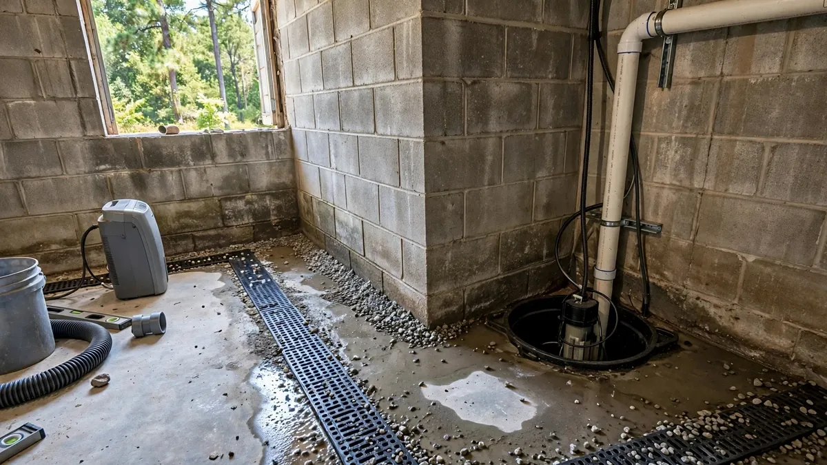 Interior drain channel and sump basin in a basement