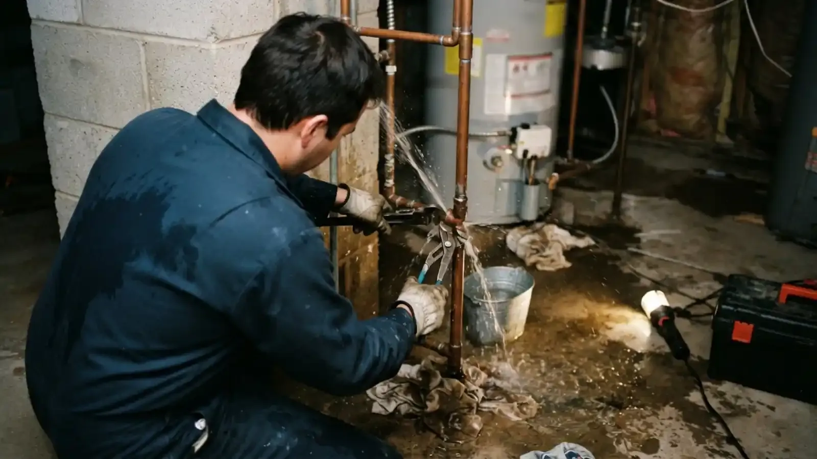 Plumber working on burst pipe repair in a basement beside a water heater