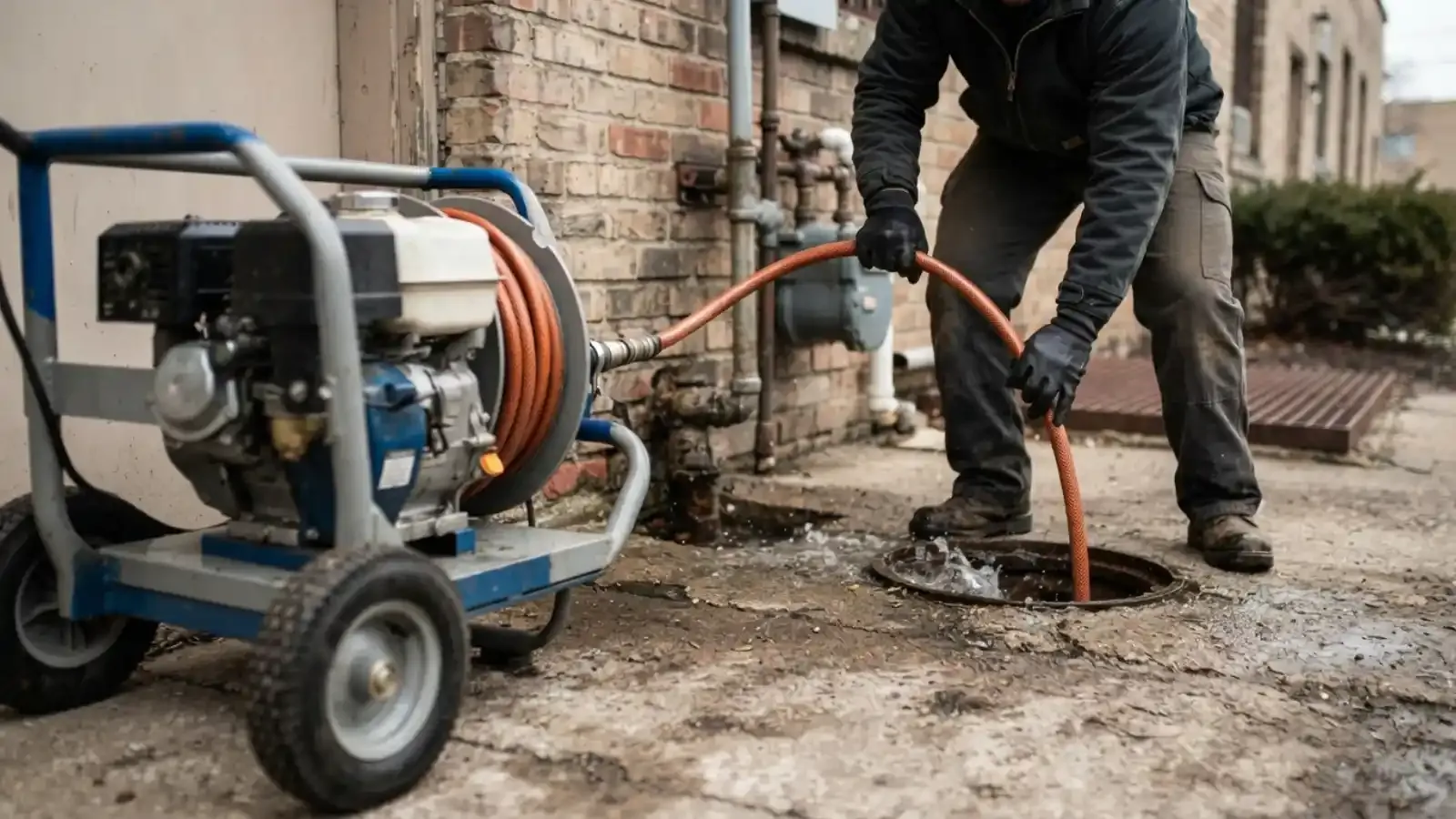 Hydro jetter cart with hose running to a drain at a home